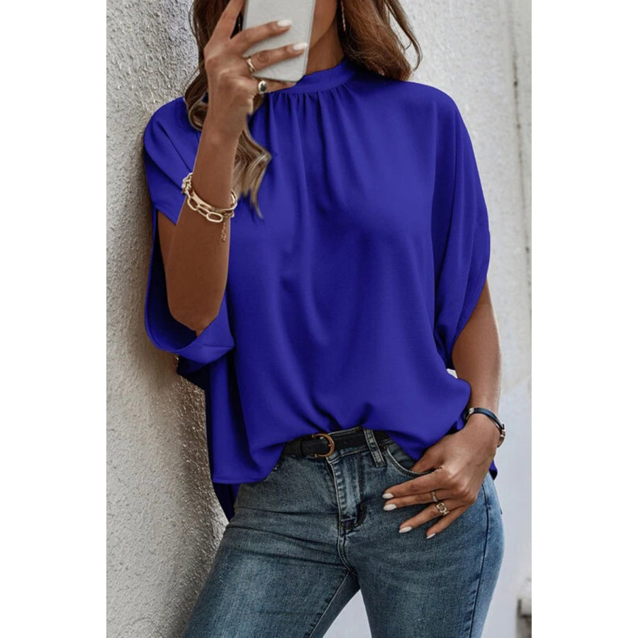 Tie Back Slit Half Sleeve Blouse Royal Blue / S Apparel and Accessories