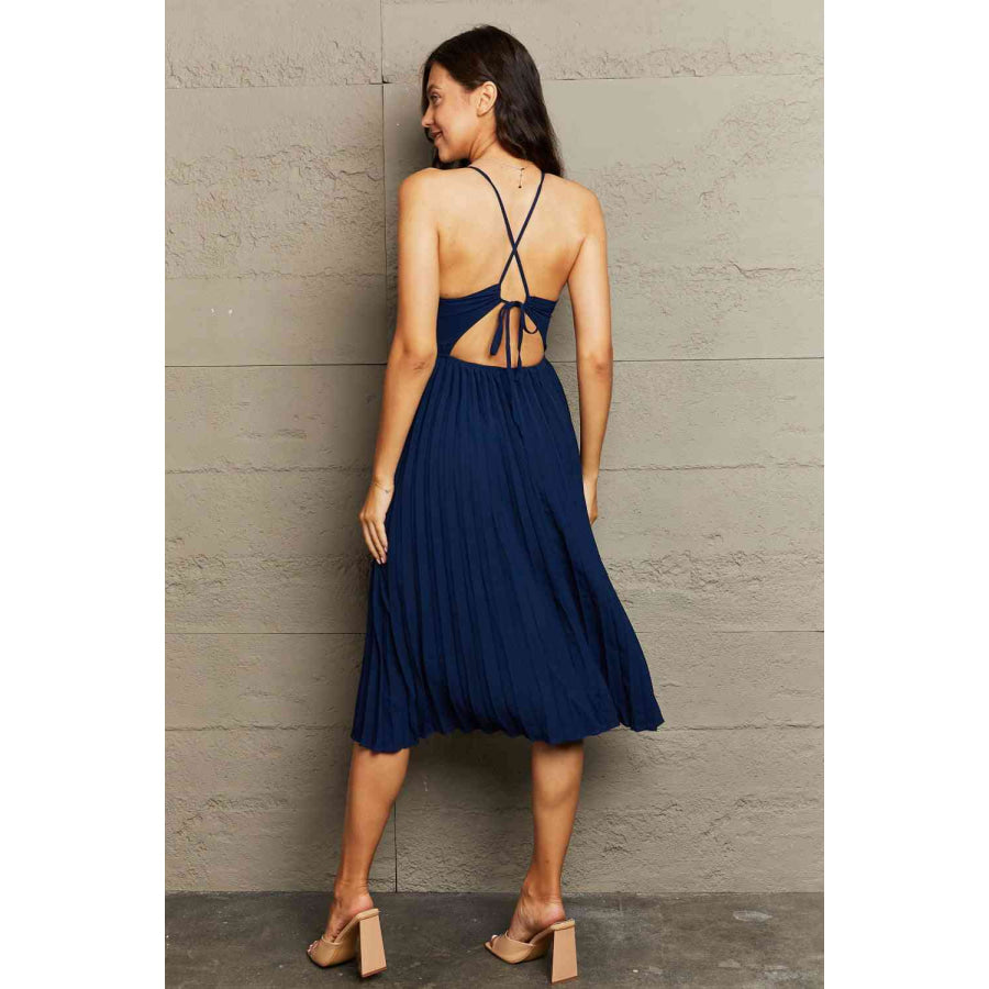 Tie Back Spaghetti Strap Pleated Dress Apparel and Accessories