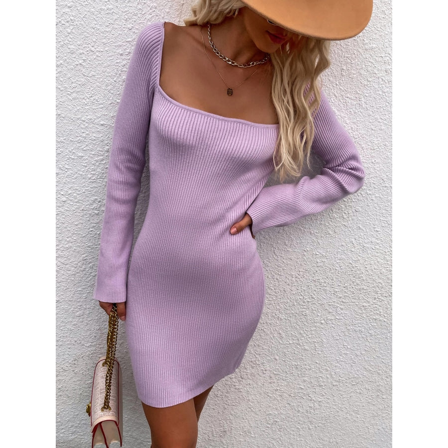 Tie Back Square Neck Long Sleeve Sweater Dress Lavender / S