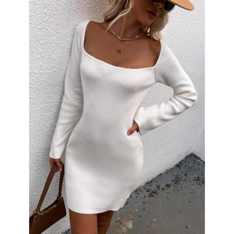 Tie Back Square Neck Long Sleeve Sweater Dress White / S