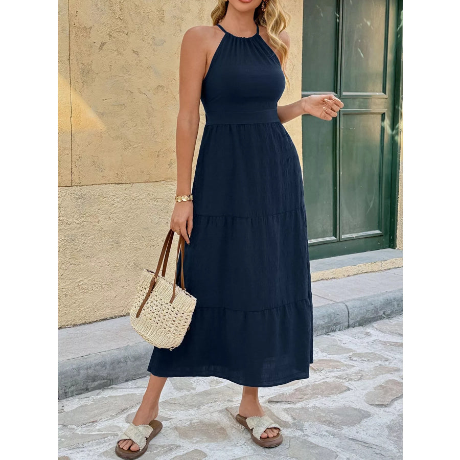 Tie Back Tiered Midi Dress Navy / S Apparel and Accessories