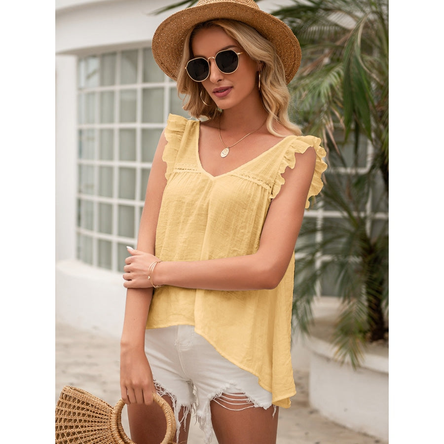 Tie Back V-Neck Ruffled Blouse Pastel Yellow / S