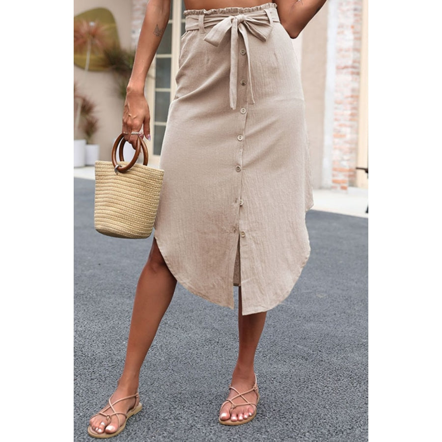 Tie Belt Frill Trim Buttoned Skirt Khaki / S