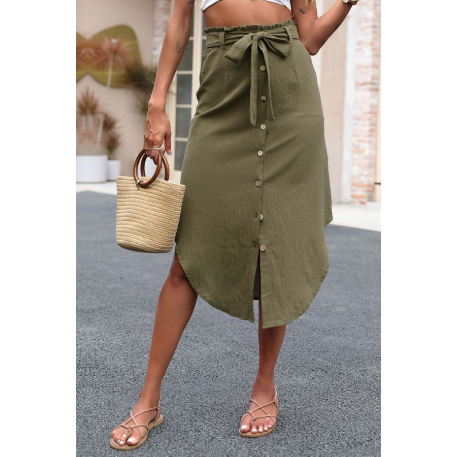 Tie Belt Frill Trim Buttoned Skirt