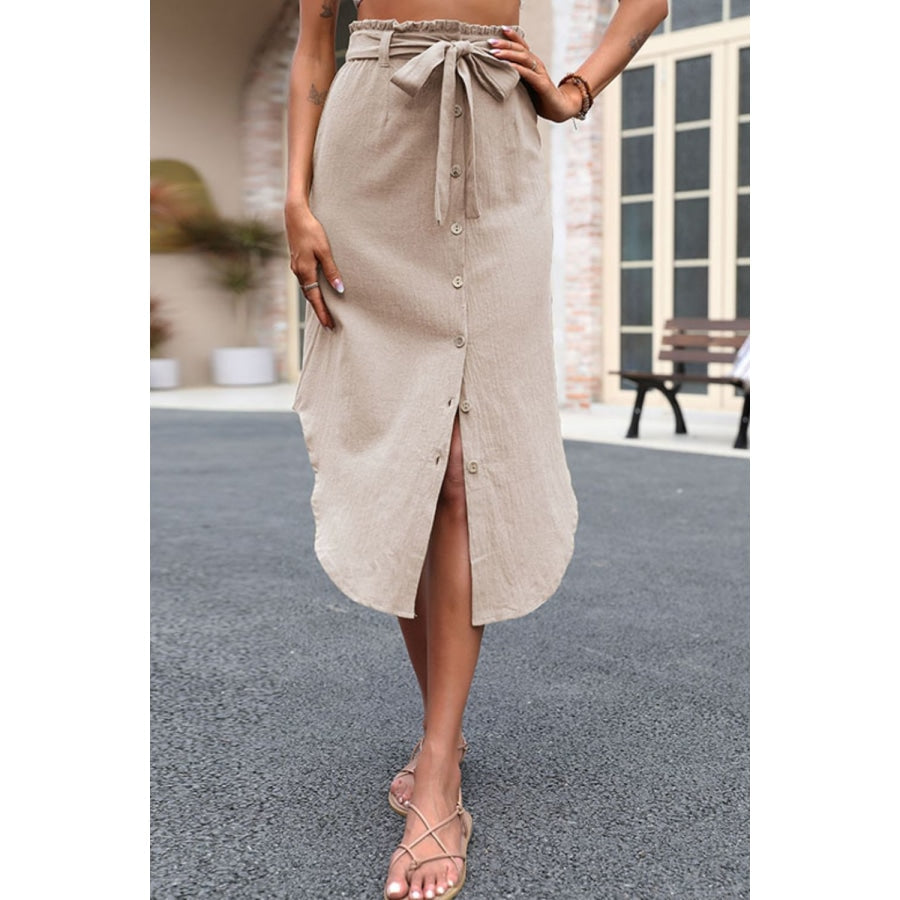 Tie Belt Frill Trim Buttoned Skirt