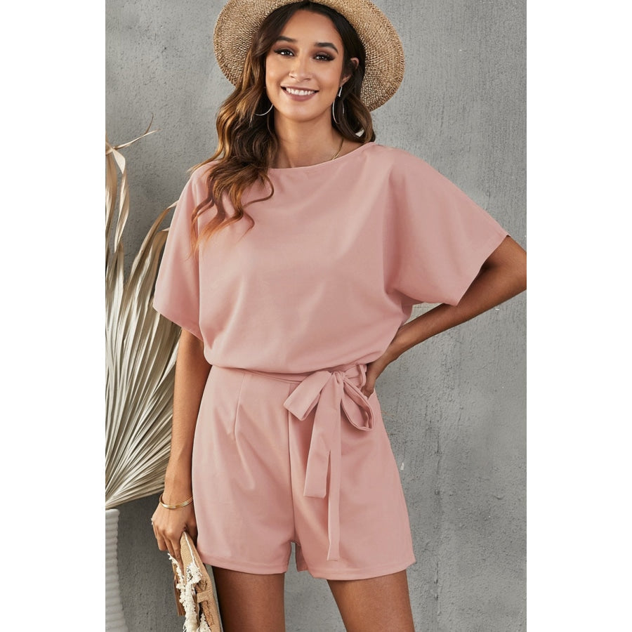 Tie Belt Short Sleeve Romper Blush Pink / S