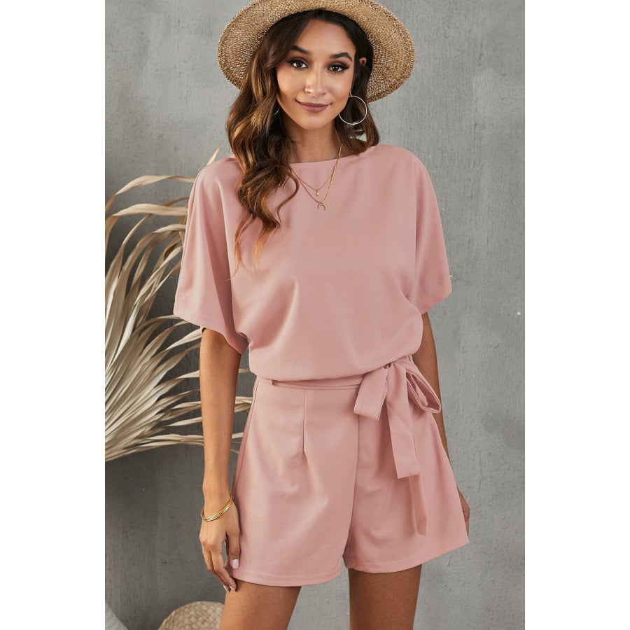 Tie Belt Short Sleeve Romper