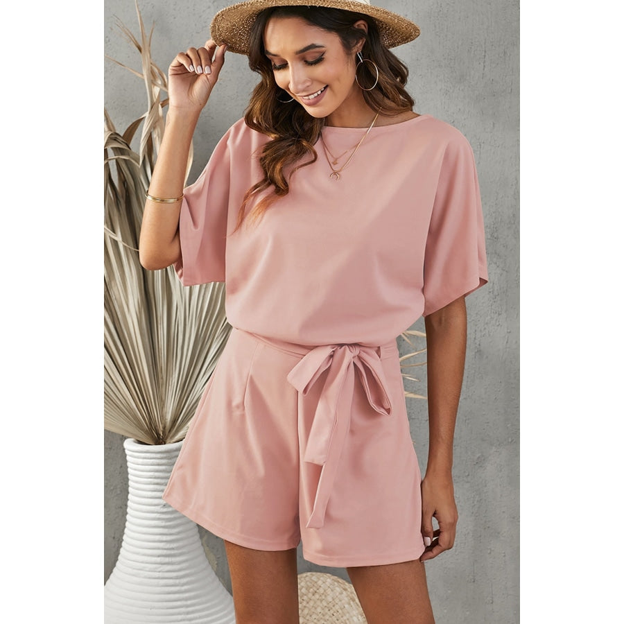 Tie Belt Short Sleeve Romper