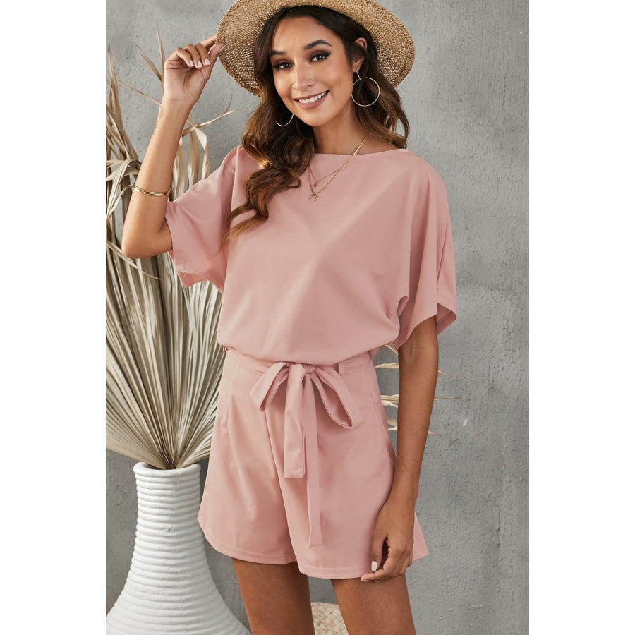 Tie Belt Short Sleeve Romper