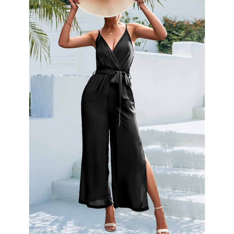 Tie Belt Spaghetti Strap Slit Jumpsuit Black / S