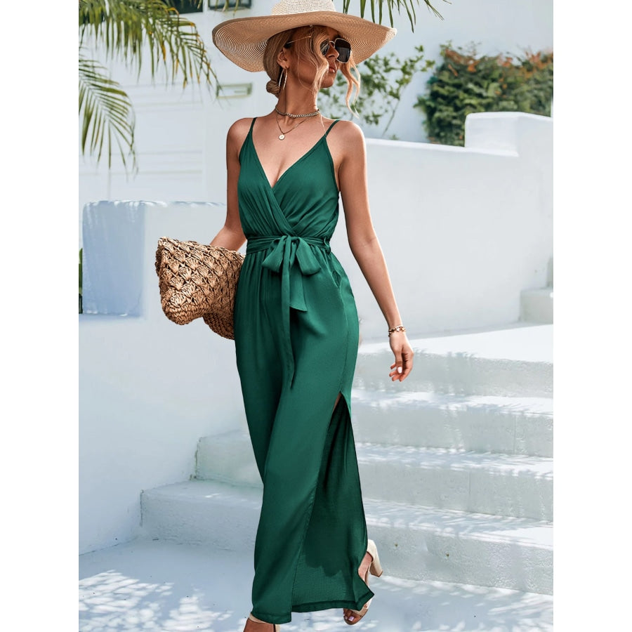 Tie Belt Spaghetti Strap Slit Jumpsuit Forest / S