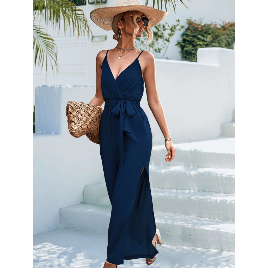 Tie Belt Spaghetti Strap Slit Jumpsuit Navy / S