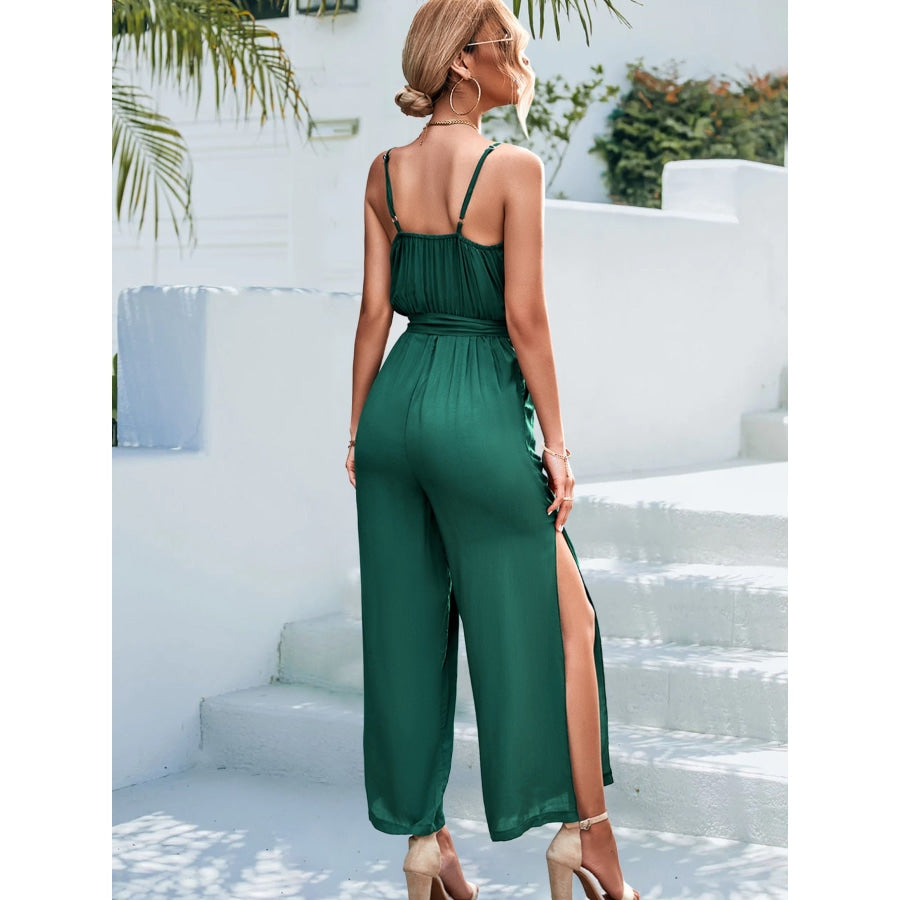 Tie Belt Spaghetti Strap Slit Jumpsuit