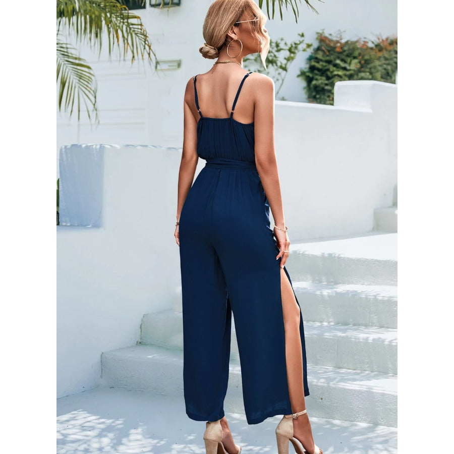 Tie Belt Spaghetti Strap Slit Jumpsuit