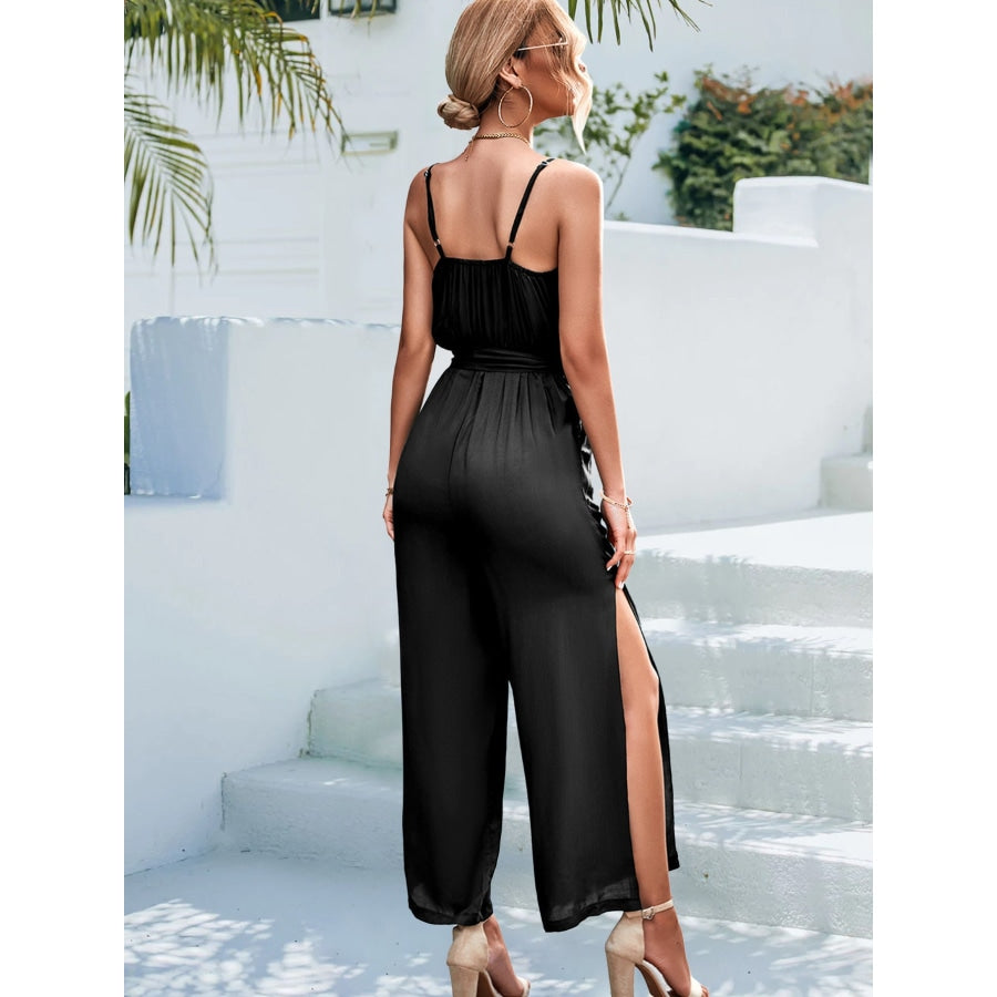 Tie Belt Spaghetti Strap Slit Jumpsuit Black / S