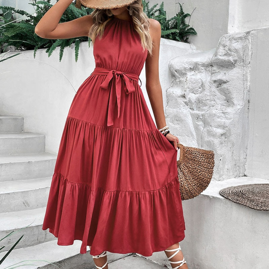 Tie Belt Tiered Midi Dress Wine / L