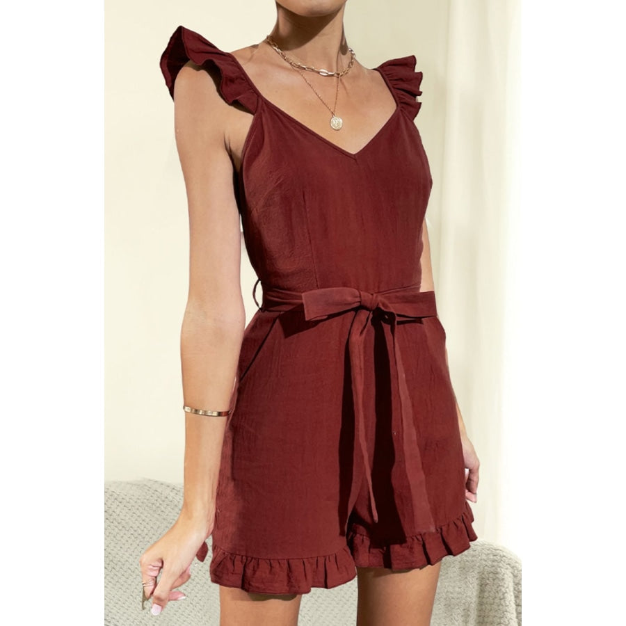 Tie Belt V-Neck Ruffled Romper