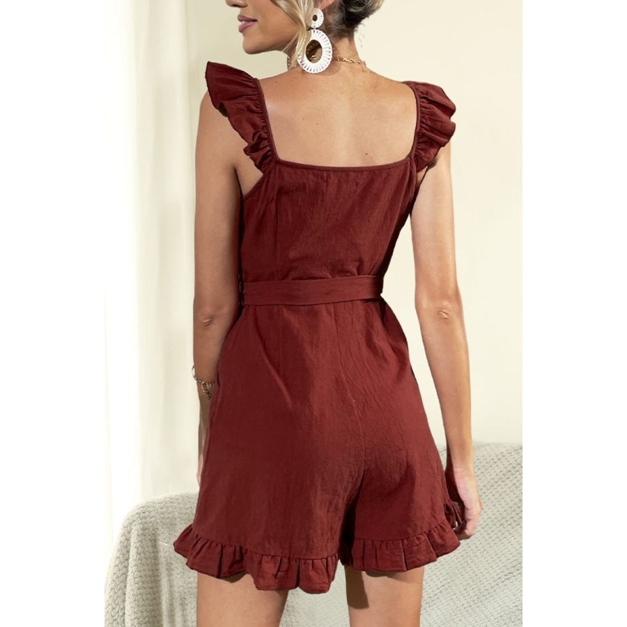 Tie Belt V-Neck Ruffled Romper