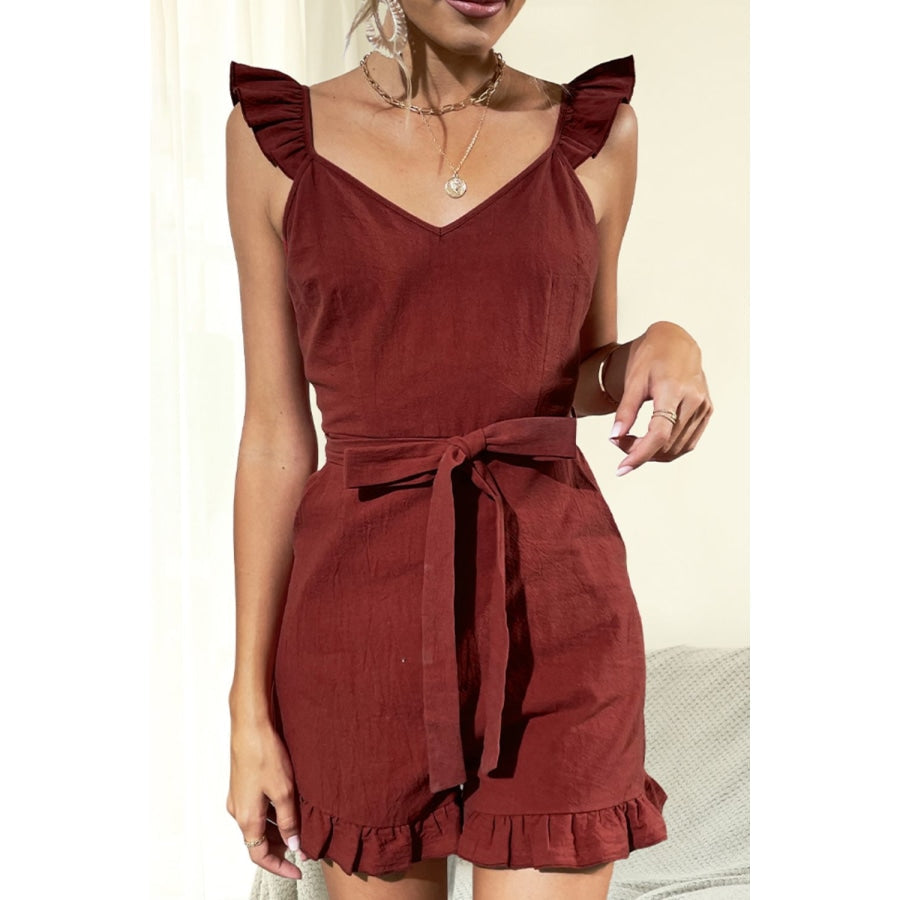 Tie Belt V-Neck Ruffled Romper Wine / XS