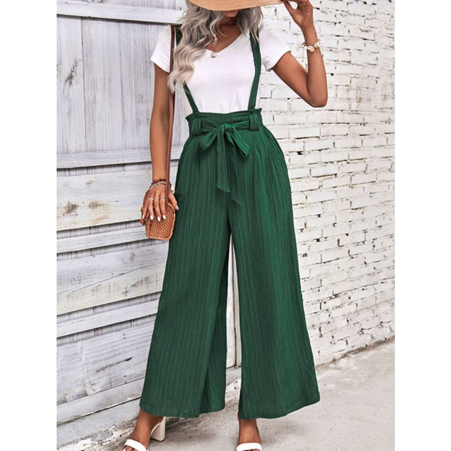 Tie Belt Wide Leg Overalls Green / S