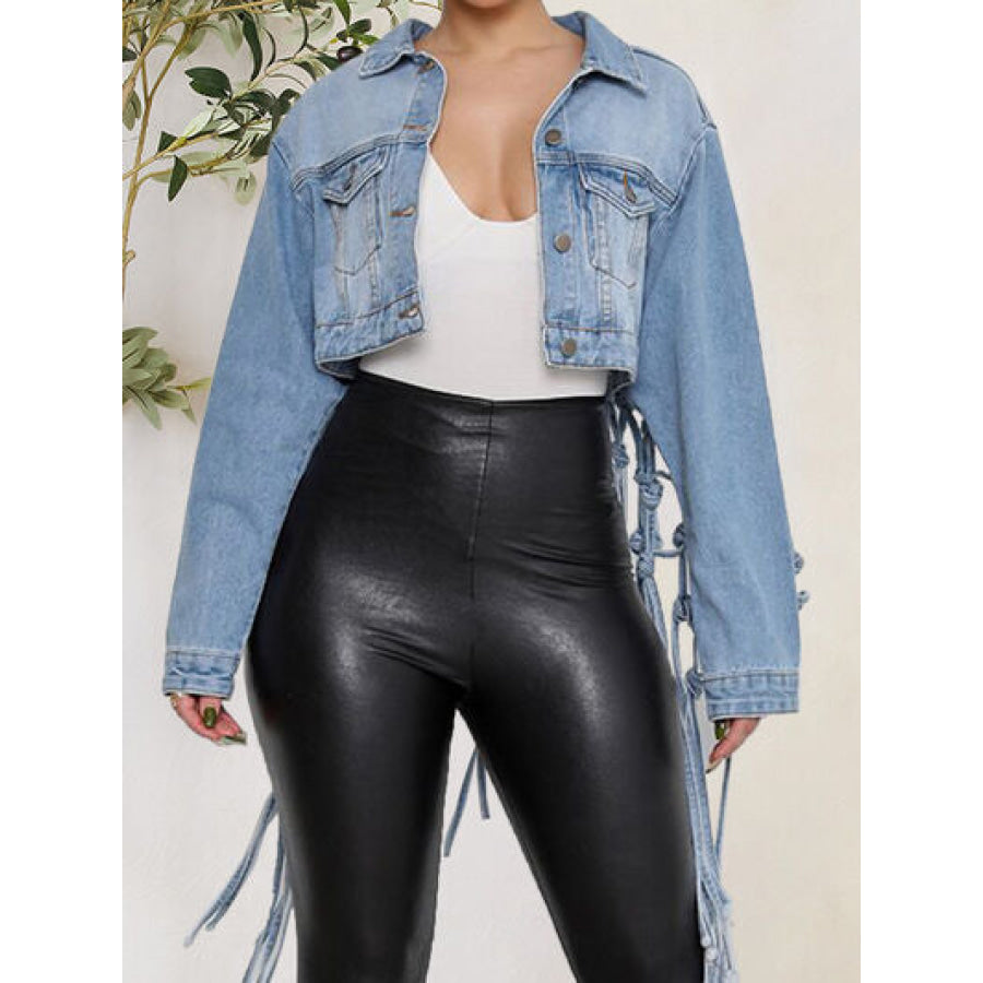 Tie Detail Button Up Denim Jacket with Pockets Medium / S Apparel and Accessories