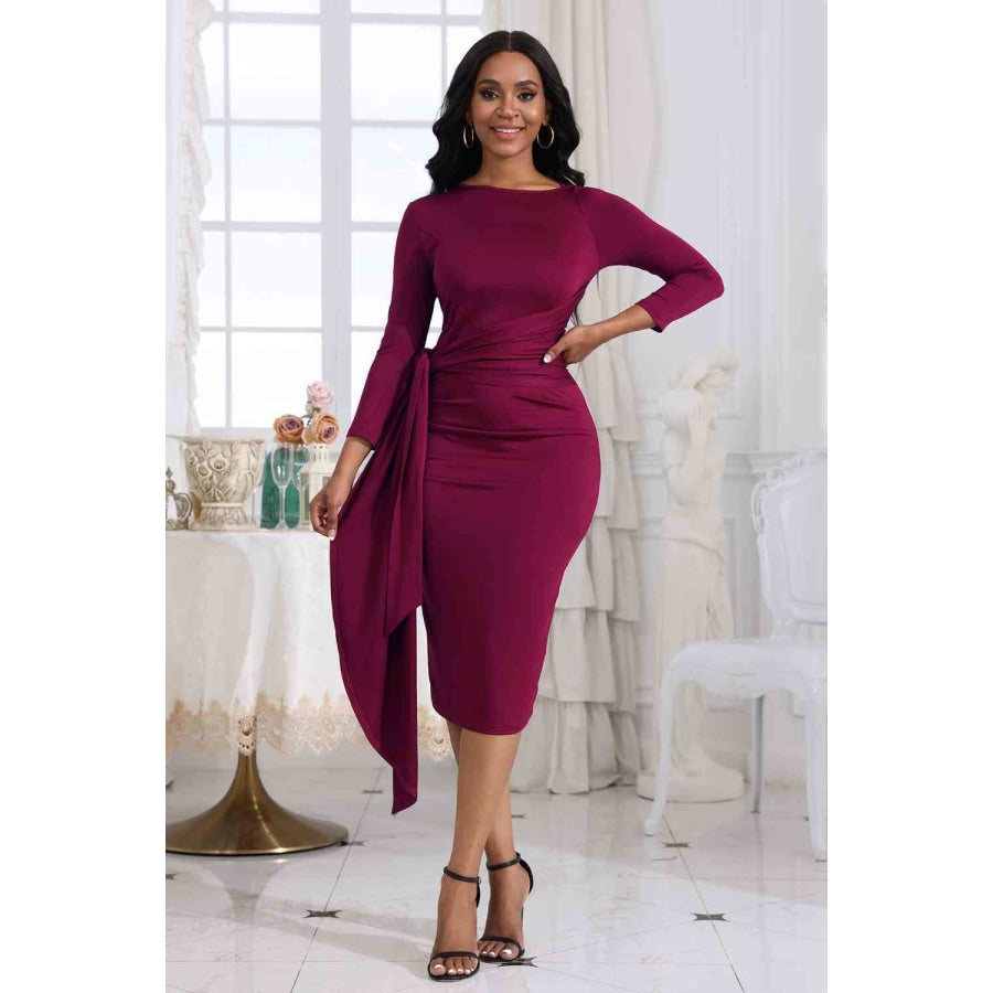 Tie Detail Round Neck Midi Dress Wine / S