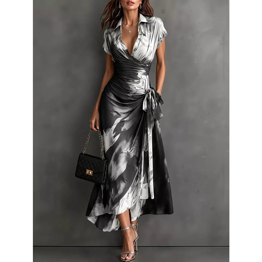 Tie Detail Surplice Dress Black And White-Long Short Sleeve / S Apparel Accessories