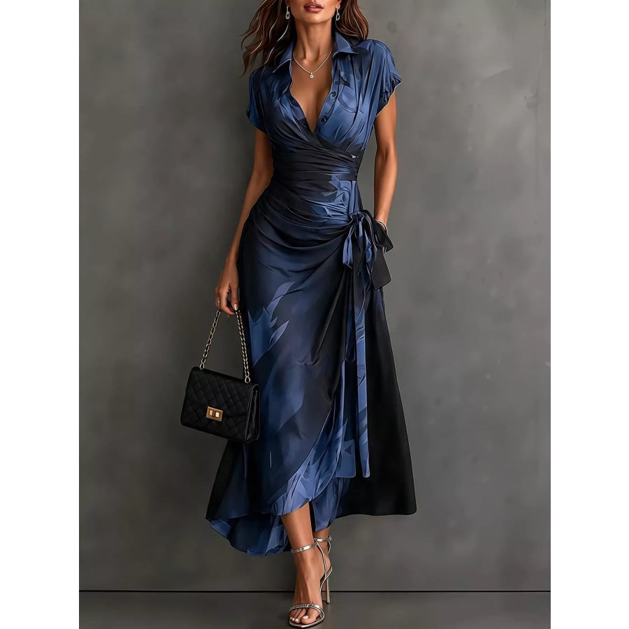 Tie Detail Surplice Dress Blue-Long Short Sleeve / S Apparel and Accessories