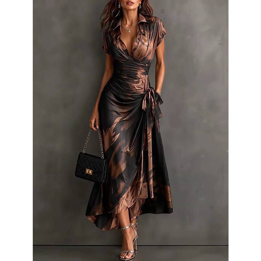 Tie Detail Surplice Dress Brown-Long Short Sleeve / S Apparel and Accessories