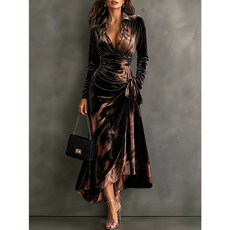 Tie Detail Surplice Dress Brown-Long Long Sleeve / S Apparel and Accessories