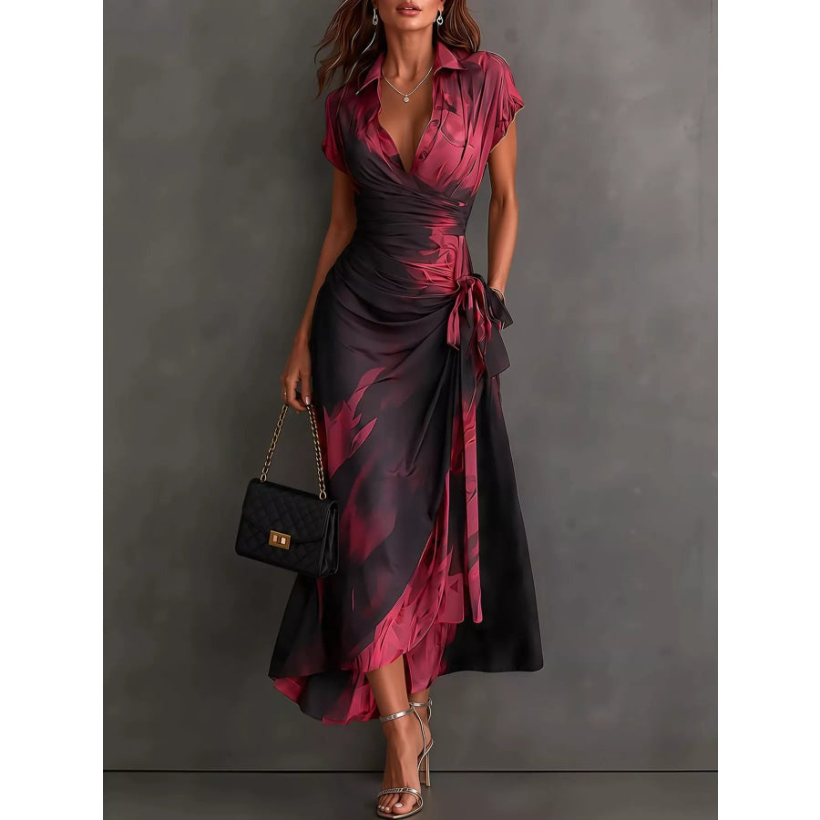 Tie Detail Surplice Dress Burgundy-Long Short Sleeve / S Apparel and Accessories