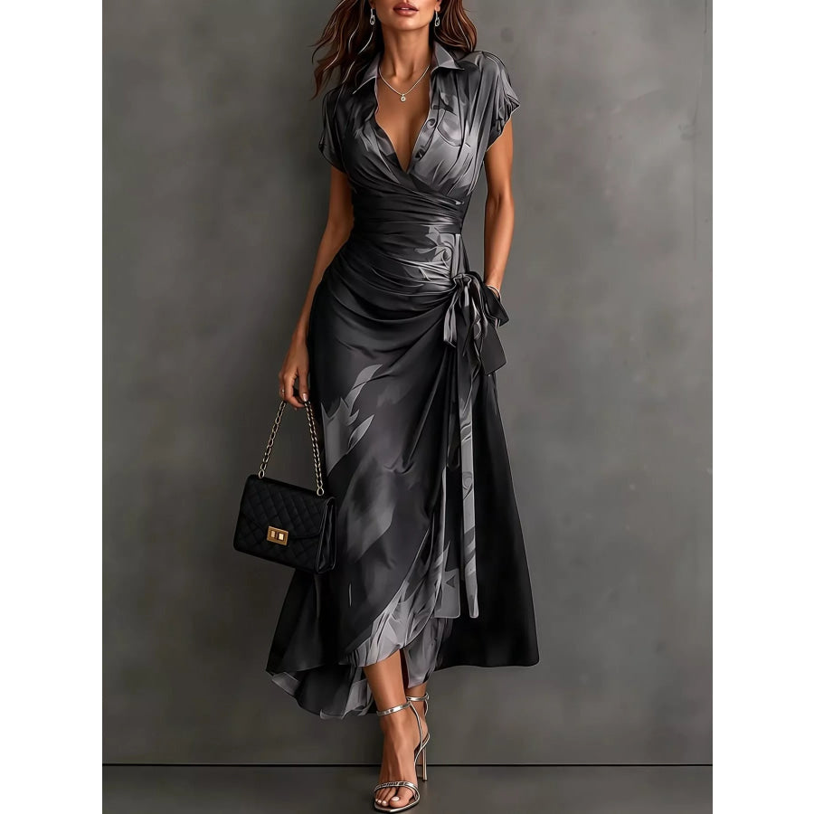 Tie Detail Surplice Dress Gray-Long Short Sleeve / S Apparel and Accessories