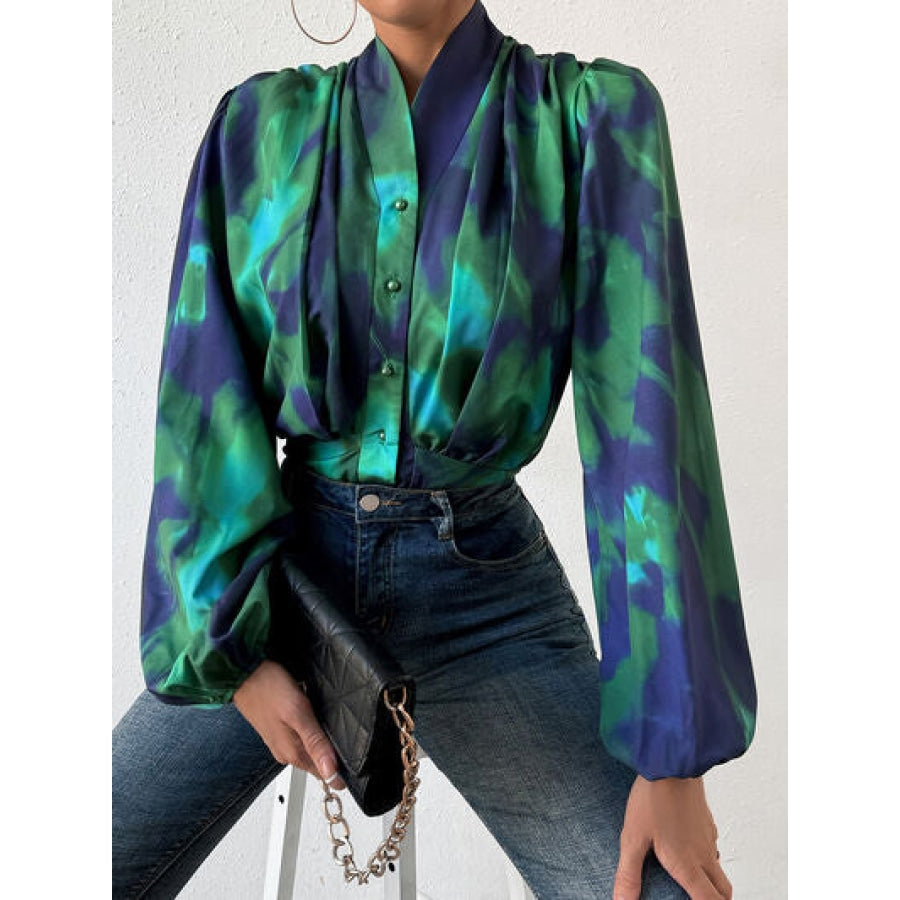 Tie-Dye Button Up Balloon Sleeve Blouse Apparel and Accessories