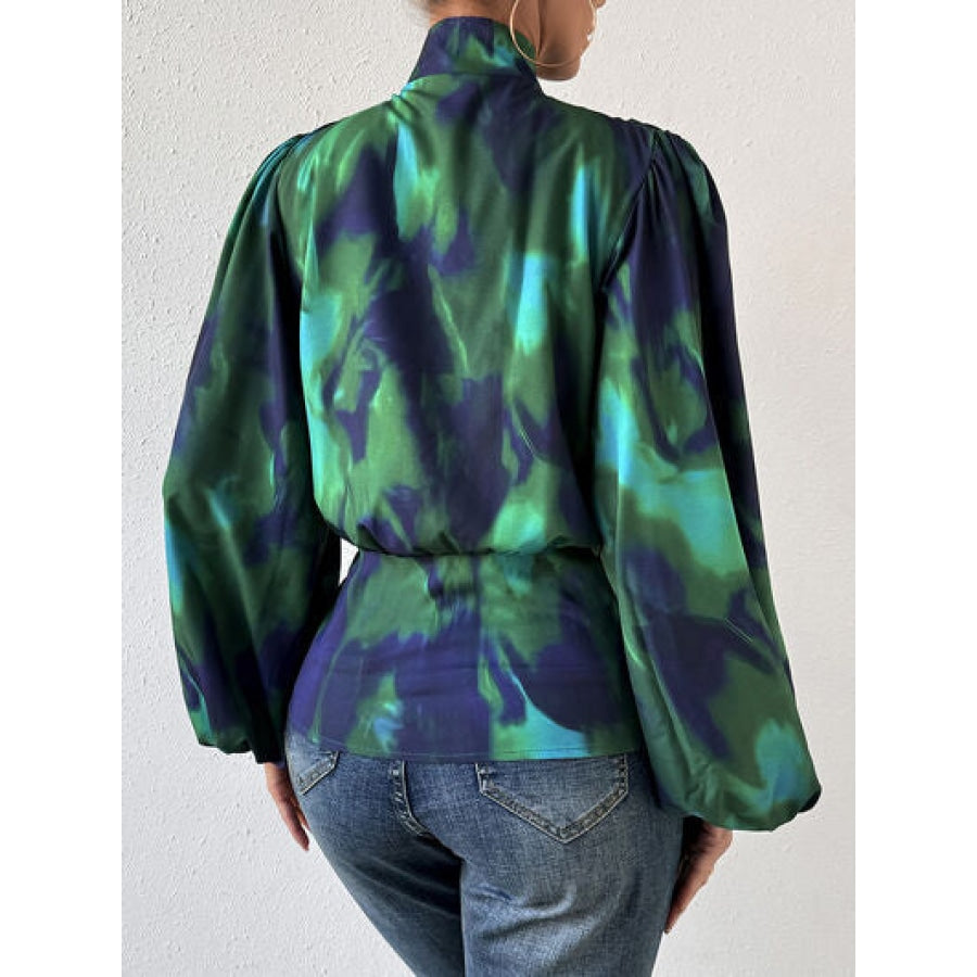 Tie-Dye Button Up Balloon Sleeve Blouse Apparel and Accessories