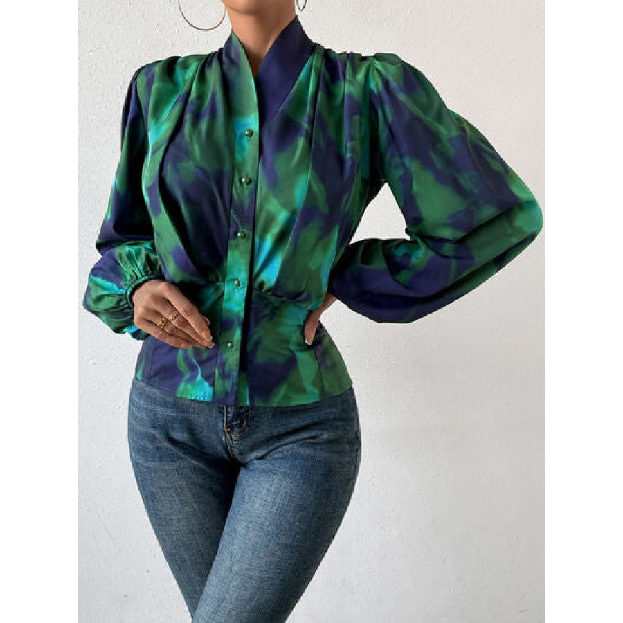 Tie-Dye Button Up Balloon Sleeve Blouse Apparel and Accessories