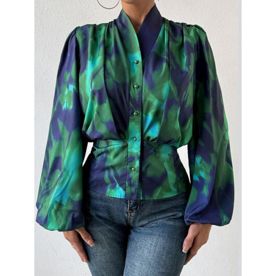 Tie-Dye Button Up Balloon Sleeve Blouse Green / S Apparel and Accessories