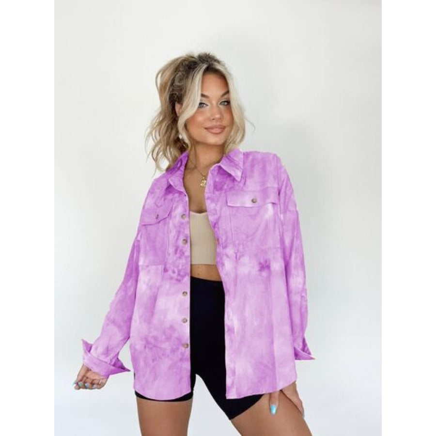 Tie-Dye Button Up Long Sleeve Shirt Heliotrope Purple / S Clothing