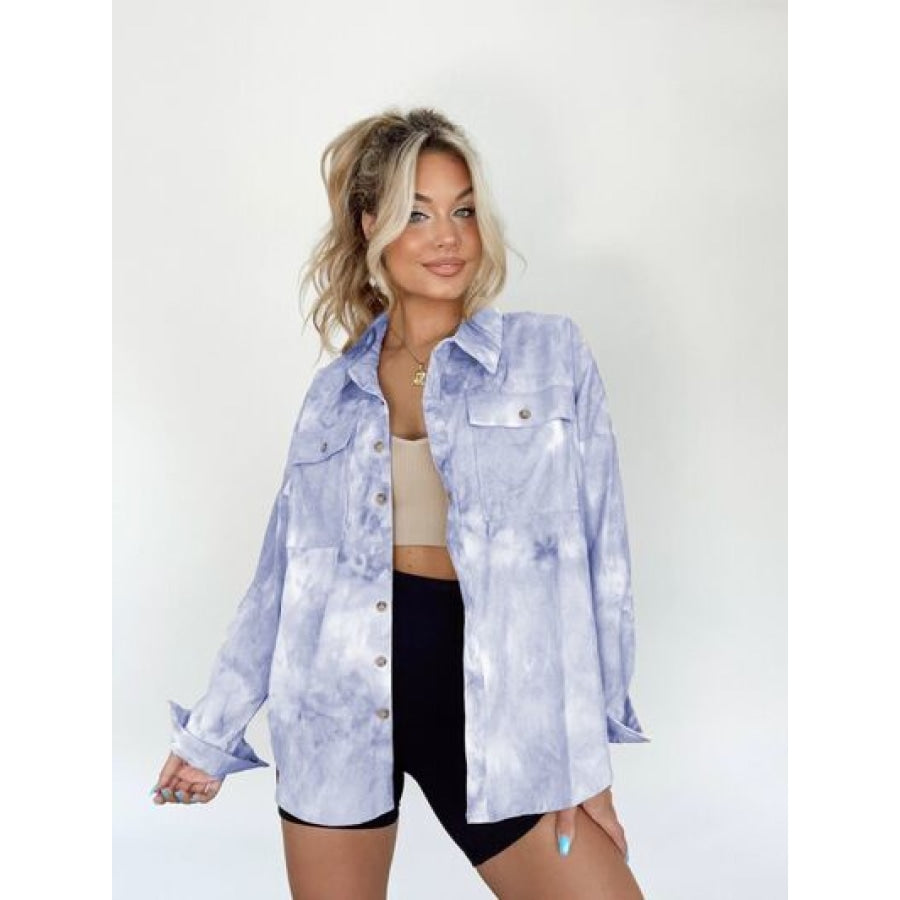 Tie-Dye Button Up Long Sleeve Shirt Misty Blue / S Clothing