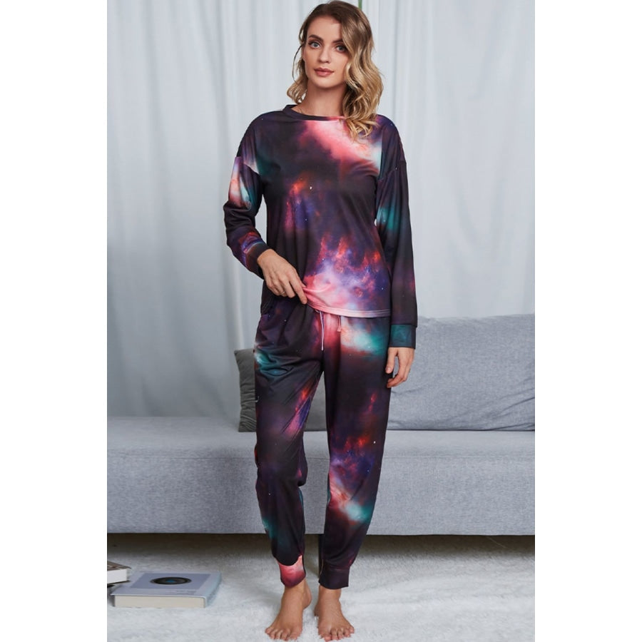 Tie-Dye Crewneck Top and Drawstring Waist Joggers Lounge Set Blueberry / S