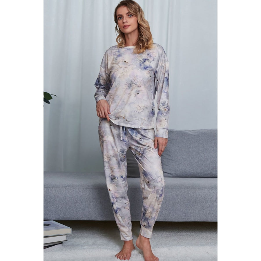 Tie-Dye Crewneck Top and Drawstring Waist Joggers Lounge Set Misty Blue / S