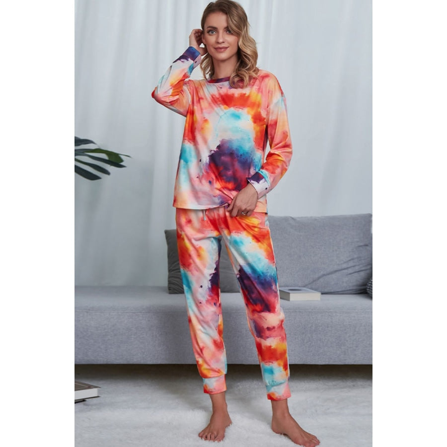 Tie-Dye Crewneck Top and Drawstring Waist Joggers Lounge Set Papaya / S