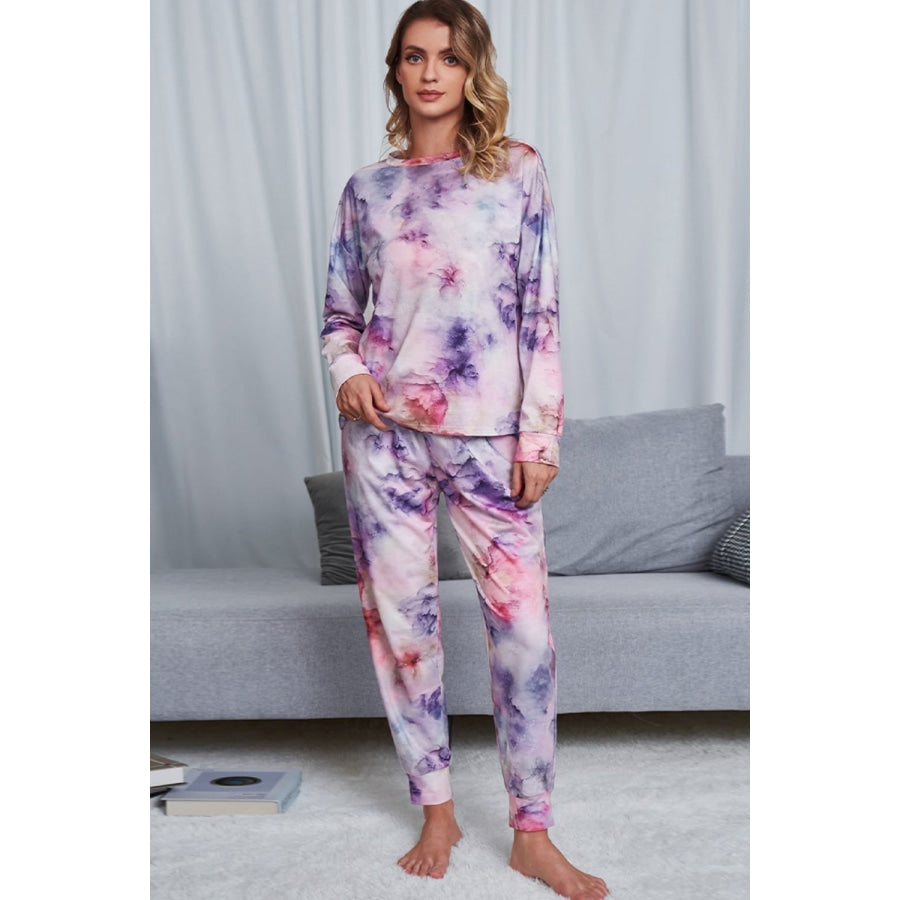 Tie-Dye Crewneck Top and Drawstring Waist Joggers Lounge Set Pink Lavender / S