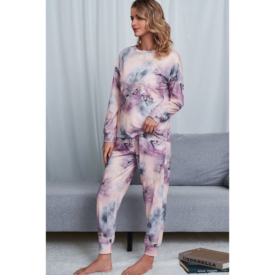 Tie-Dye Crewneck Top and Drawstring Waist Joggers Lounge Set