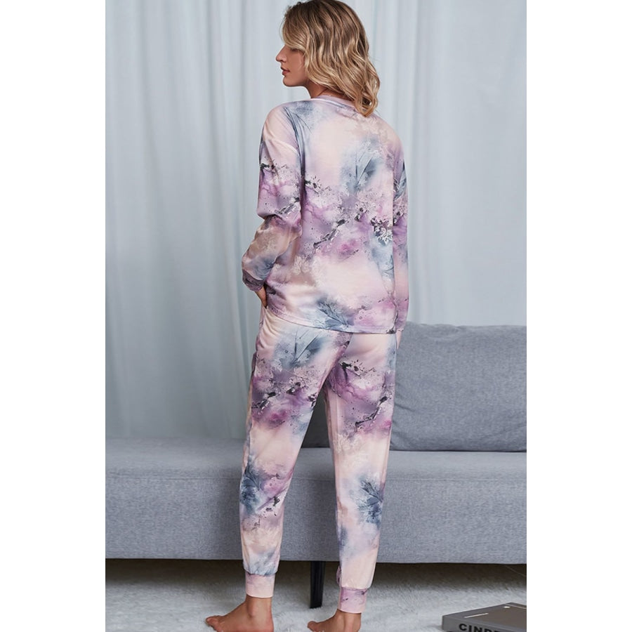 Tie-Dye Crewneck Top and Drawstring Waist Joggers Lounge Set