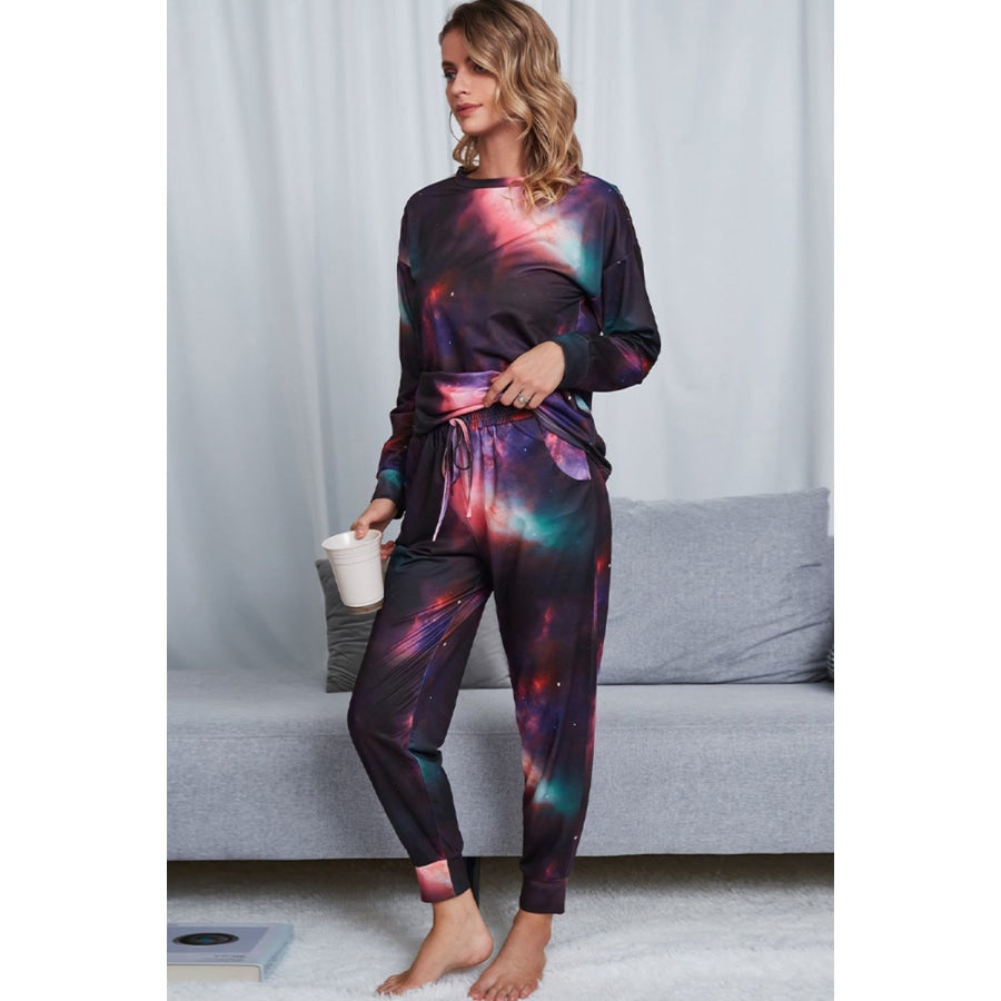 Tie-Dye Crewneck Top and Drawstring Waist Joggers Lounge Set