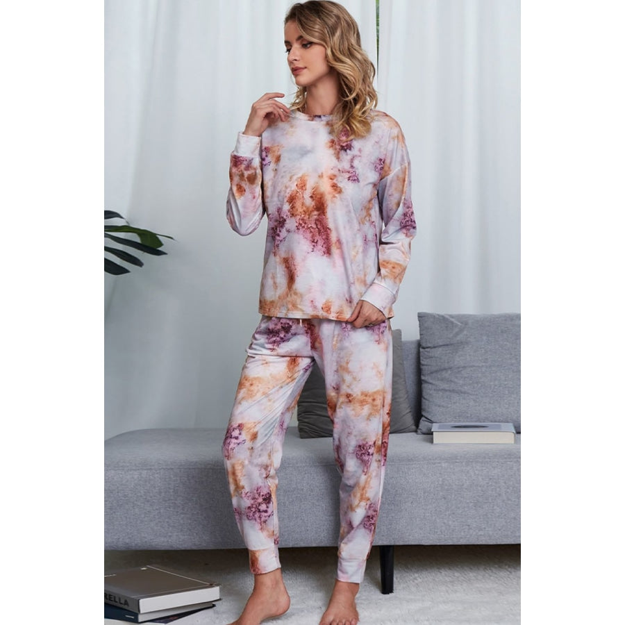 Tie-Dye Crewneck Top and Drawstring Waist Joggers Lounge Set