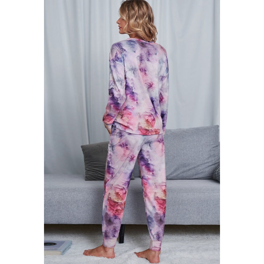 Tie-Dye Crewneck Top and Drawstring Waist Joggers Lounge Set