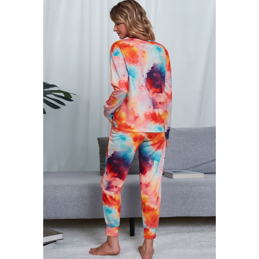 Tie-Dye Crewneck Top and Drawstring Waist Joggers Lounge Set