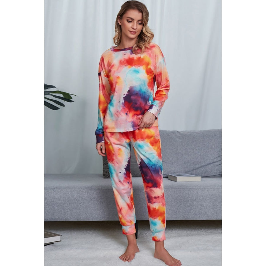 Tie-Dye Crewneck Top and Drawstring Waist Joggers Lounge Set