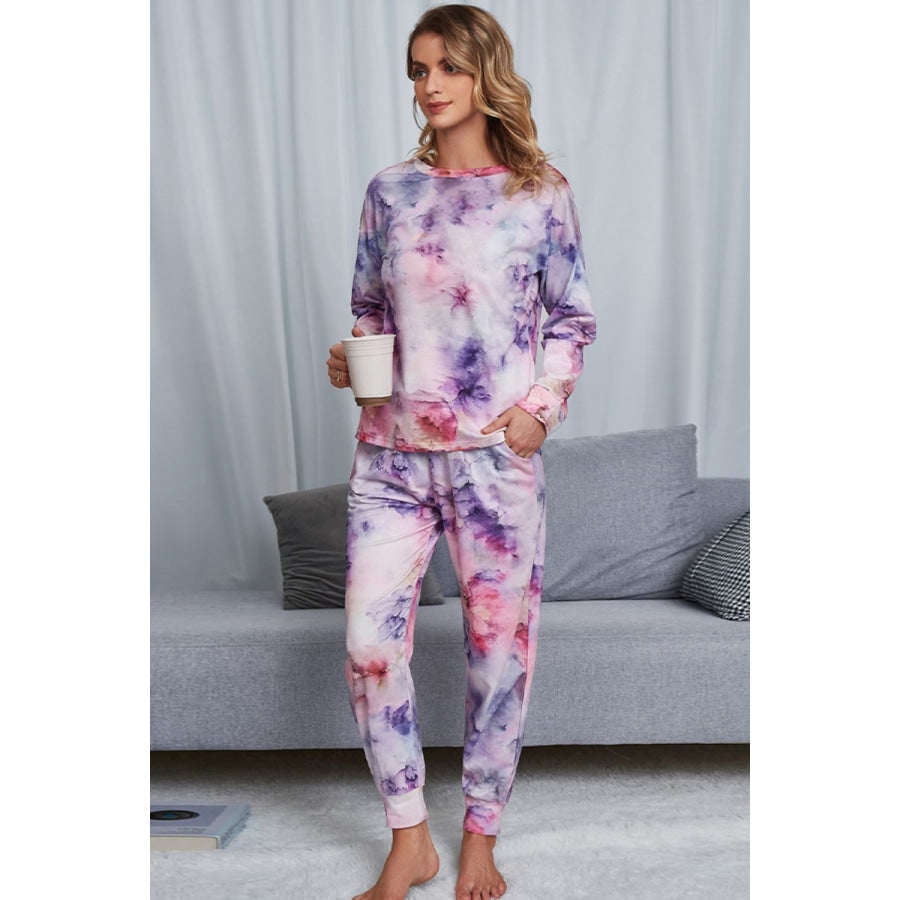 Tie-Dye Crewneck Top and Drawstring Waist Joggers Lounge Set